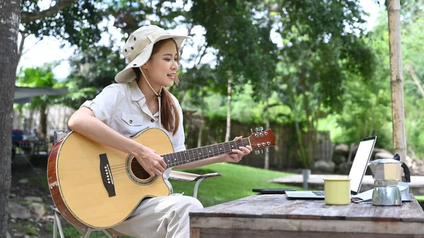 Young Woman Playing Guitar Folding Chair Camping Nature Park Outdoor — Stockfoto