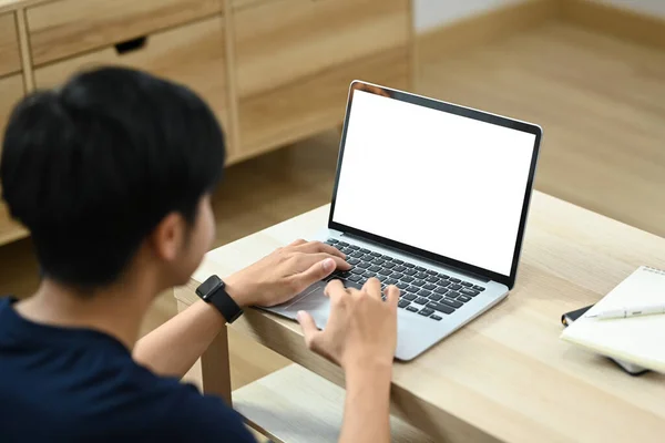 Back View Asian Man Surfing Internet Working Online Laptop Home — Foto Stock