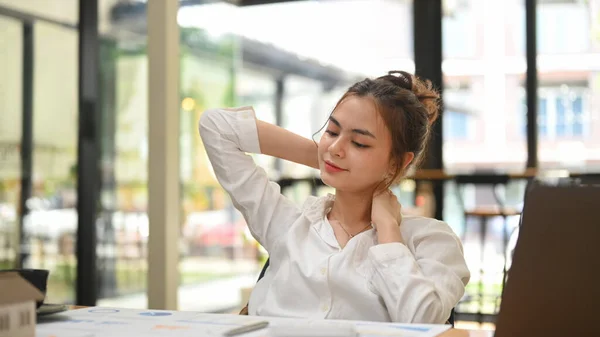 Fatigued Young Female Employee Suffering Fibromyalgia Neck Pain Massaging Muscles — Foto de Stock