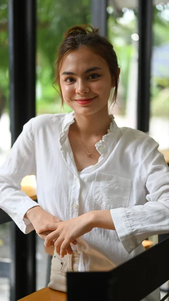 Portrait Attractive Young Businesswoman White Shirt Sitting Creative Office Looking — Φωτογραφία Αρχείου