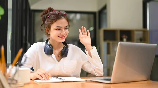Smiling Female Student Chatting Online Listening Lecture Study Online Laptop — 스톡 사진