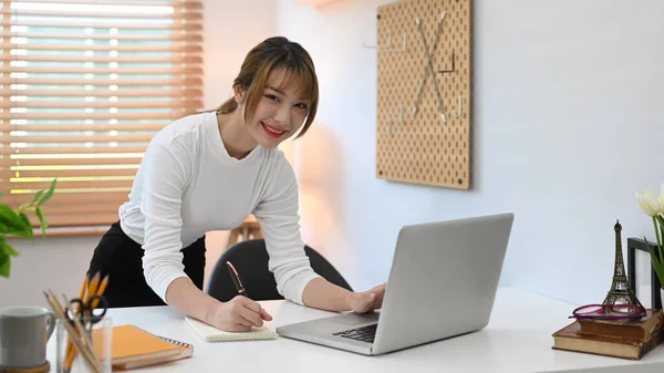 Beautiful Female Freelancer Checking Email Morning Searching Information Her Laptop — Stockfoto