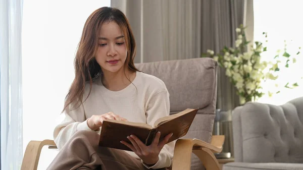 Pleasant Young Woman Resting Armchair Reading Book Enjoy Stress Free — Foto Stock