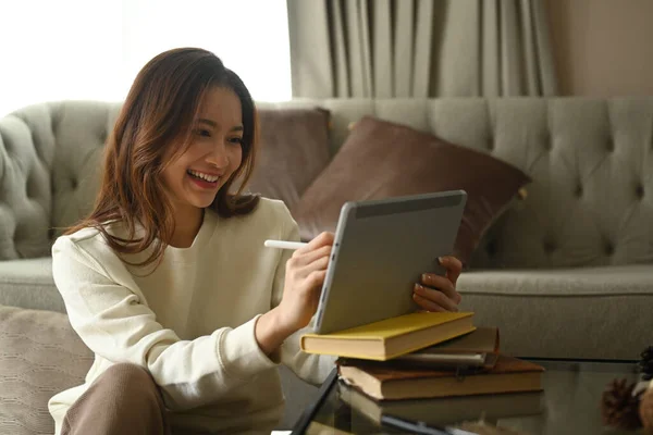 Smiling Young Woman Warm Woolen Sweater Sitting Cozy Living Room — 图库照片