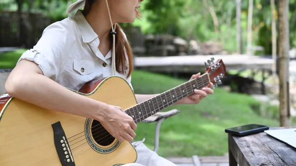 Young Woman Playing Guitar While Camping Nature Park Beautiful Day — Stok fotoğraf