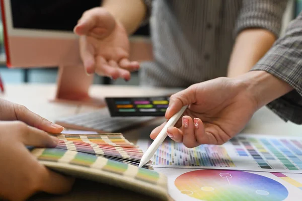 Close View Team Graphic Designers Working Color Swatches Brainstorming New — Fotografia de Stock