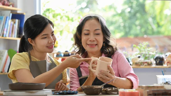 Joyful Middle Aged Woman Enjoy Creating Handcrafted Ceramics Pottery Workshop — Stockfoto