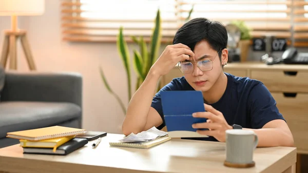 Stressed Asian Male Frustrated Financial Problems Managing Household Expenses Home — 스톡 사진