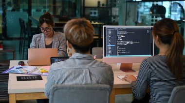 Programer team working in modern office, and meeting on computer coding.