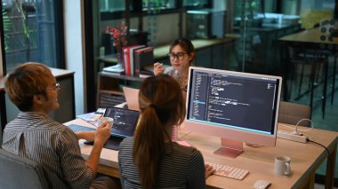 Programer team working in modern office, and meeting on computer coding.