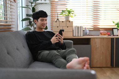 Man in warm sweater resting on couch and using smart phone, enjoying leisure weekend time at cozy home.