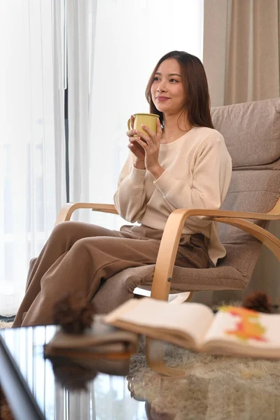 Peaceful Woman Warm Sweater Enjoy Her Morning Coffee Spending Leisure — Fotografia de Stock