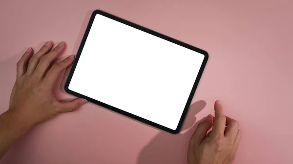 Overhead View Man Hands Using Digital Tablet Pink Background Empty — Stockfoto