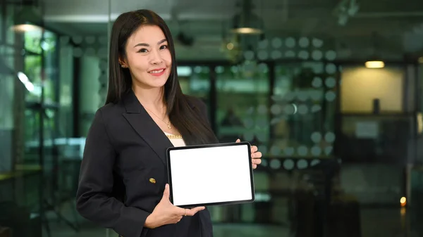 Portrait Millennial Businesswoman Holding Digital Tablet Blank Display Smiling Camera — Stock Photo, Image