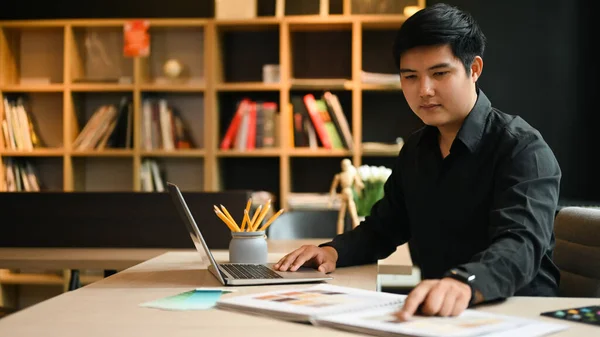 Handsome Asian Male Interior Designers Working New Project Creative Office — Stock Fotó