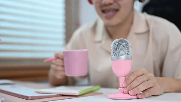 Cropped View Man Sitting Front Microphone Talking Recording Podcast Home — 图库照片