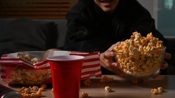 Cropped View Man Bowl Popcorn Watching Couch Home Leisure Activity — 스톡 사진