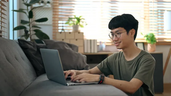 Smiling Young Asian Man Chatting Online Study Online Laptop Education — Foto de Stock