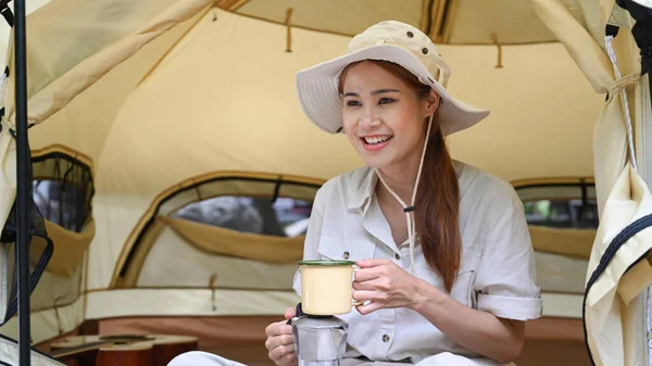 Pleasant Asian Woman Sitting Camp Tent Drinking Coffee Travel Adventure — Stockfoto
