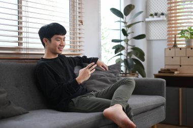 Handsome man resting on couch and typing text message on mobile phone, enjoying chatting online with his friends.