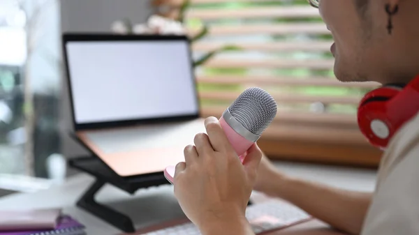 Young Man Using Laptop Talking Microphone While Recording Podcast Home — 스톡 사진