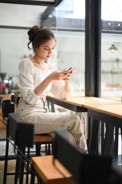 Beautiful young woman checking social media or chatting online on smart phone while sitting at coffee shop.