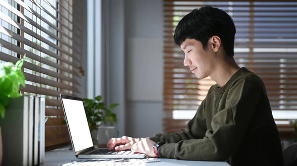 Focused young asian man freelancer searching information, checking email on laptop during remote working from home.
