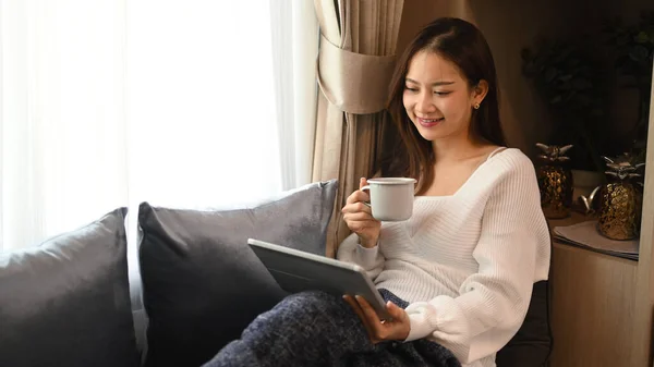 Happy Young Woman Surfing Internet Digital Tablet Cozy Winter Autumn — 스톡 사진