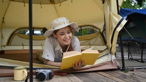 Calm Asian Woman Reading Book Resting Her Camping Tent Travel — Stockfoto