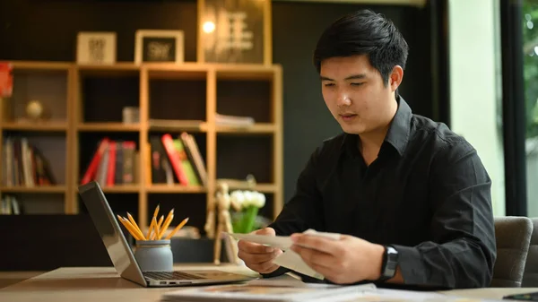 Asian Man Interior Designers Working Laptop Color Palette Sketching Planning — Stock Fotó