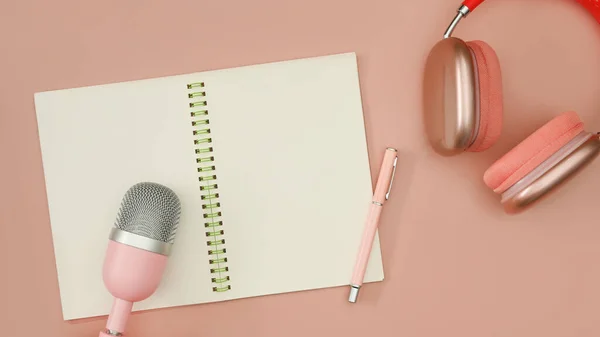 Blank Notebook Microphone Podcasts Wireless Headphones Pink Background — Photo