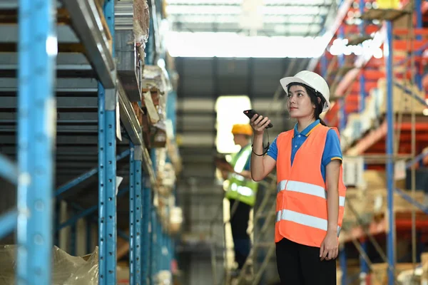 Female Warehouse Worker Checking Inventory Boxes Barcode Scanner Shelf Large — Foto de Stock