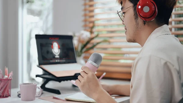 Side View Male Using Laptop Microphone Recording Podcast Home Studio — Φωτογραφία Αρχείου