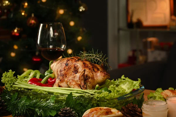 Homemade Roasted Turkey Chicken Festive Christmas Thanksgiving Table All Sides — стокове фото