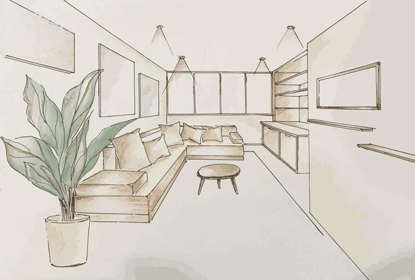 Interior designer works, watercolor and ink freehand sketch drawing of living room.