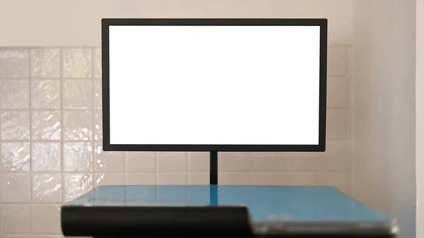 Blank touchscreen monitor of a copy machine in office. Concept of electronic equipment and office supplies for business organization.