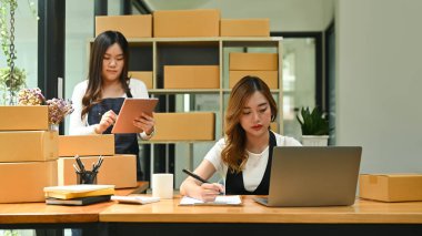 İki şirket sahibi dizüstü bilgisayar kullanıyor, ev ofislerinde birlikte çalışıyorlar. Çevrimiçi satış, E-ticaret, Online alışveriş.