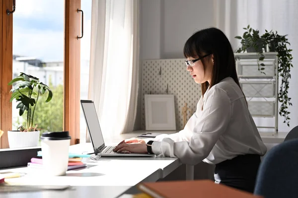 Vista Lateral Mulher Asiática Economista Óculos Trabalhando Com Computador Portátil — Fotografia de Stock