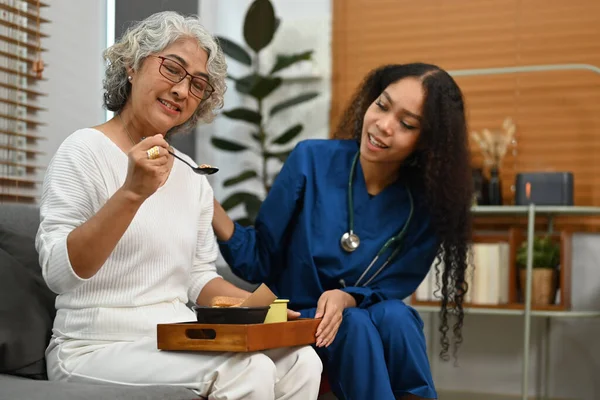 高齢女性のためのディナーを提供する笑顔の女性介護者 在宅医療サービスの概念 — ストック写真