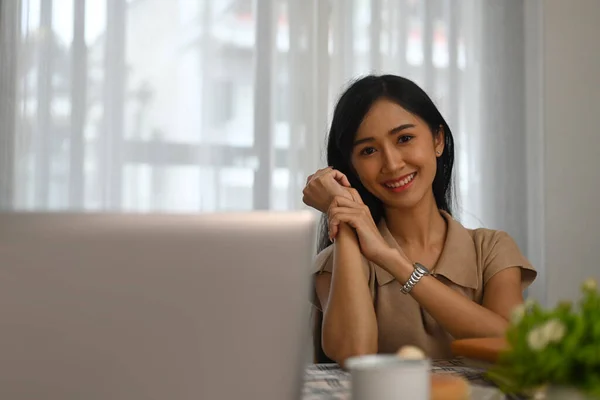 Pretty College Woman Doing Assignments Laptop Library Education People Technology — Stock Photo, Image