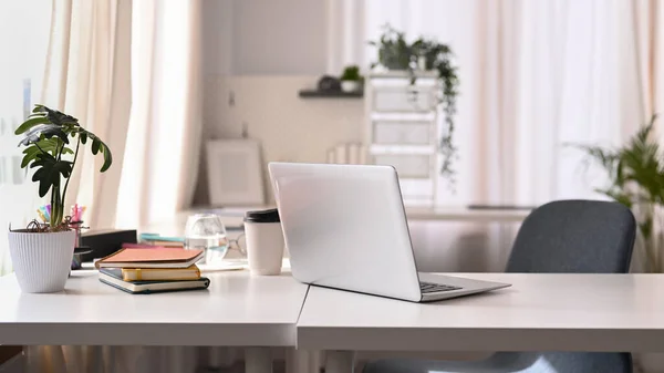 Laptop bilgisayarı, ev bitkileri, kitaplar ve beyaz masadaki çeşitli ofis malzemeleriyle parlak modern ofis içi.