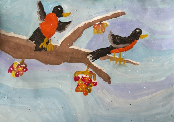 儿童绘画"小鸟在树枝上" — 图库照片