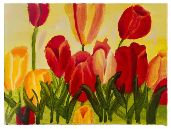 Children drawing in oil on canvas, "Red tulips on yellow background ' — Stock Photo, Image