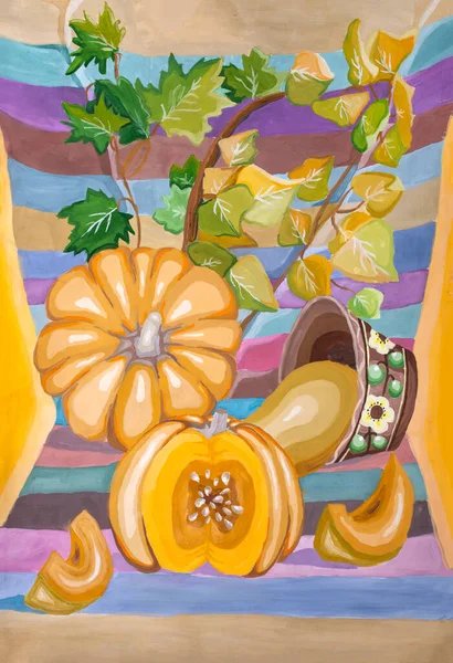 Children Drawing Gouache Autumn Still Life Pumpkins — Stock Photo, Image