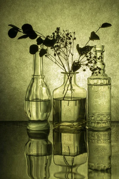 Still Life Glass Bottles Small Bouquet Flowers — Foto Stock