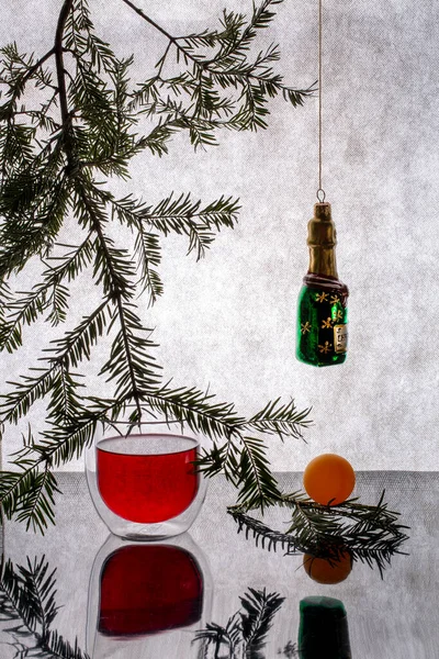 New Year Still Life Fir Branch Toy Glass Red Wine — Stock Photo, Image