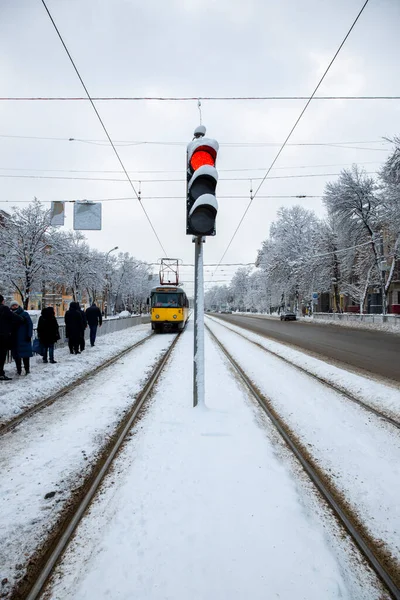 Dnipro Ukrajna December 2021 Közlekedési Lámpa Piros Jelzéssel Utca Közepén — Stock Fotó