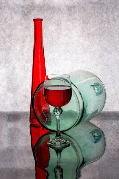 Still Life Red Bottle Glass Red Wine Glass Bottle — Stock Photo, Image