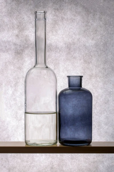 Still Life Glass Dishes Wooden Shelf — Stock Photo, Image