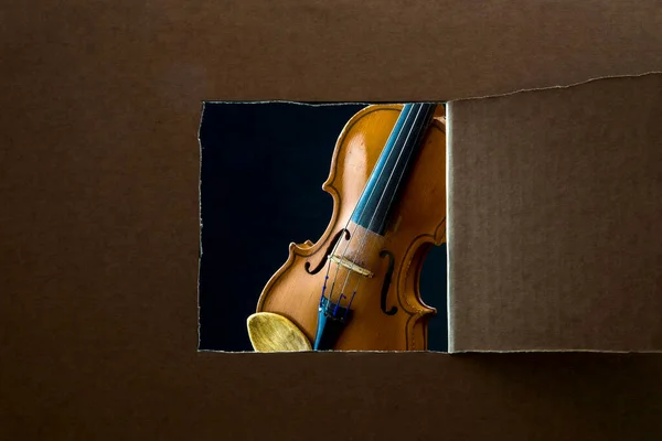 Violin Fragment Cut Out Window Cardboard Sheet — Stock Photo, Image